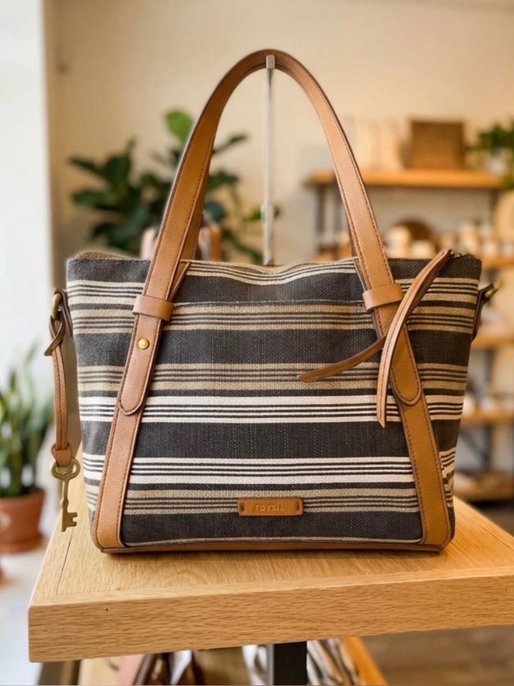 Fossil Avondale Satchel Neutral Stripe Canvas Leather Trim EUC